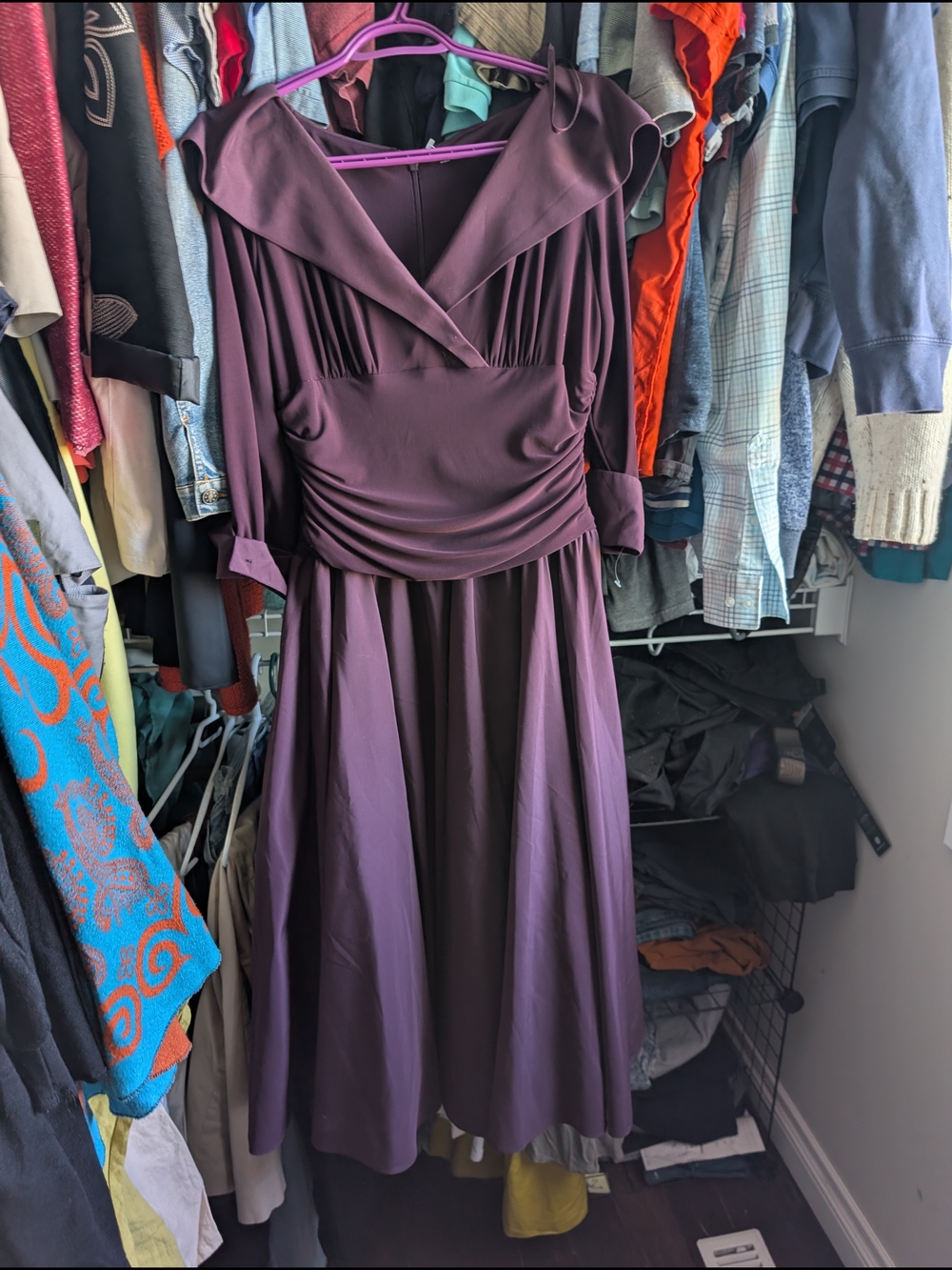 Women's Deep Plum Midi Dress with Draped Waist